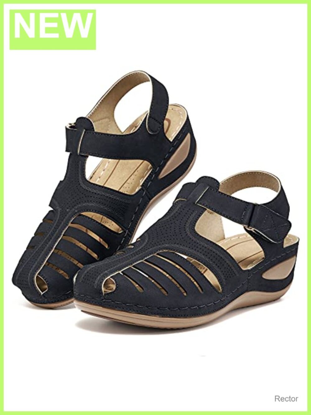 Wedge Sandals Faux Leather Closed Toe Ankle Strap Hook & Loop Comfort